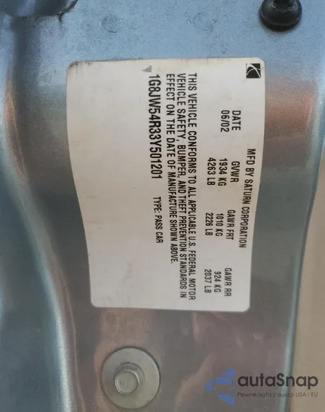 2003 Saturn L300 from USA, damaged, VIN 1G8JW54R33Y501201